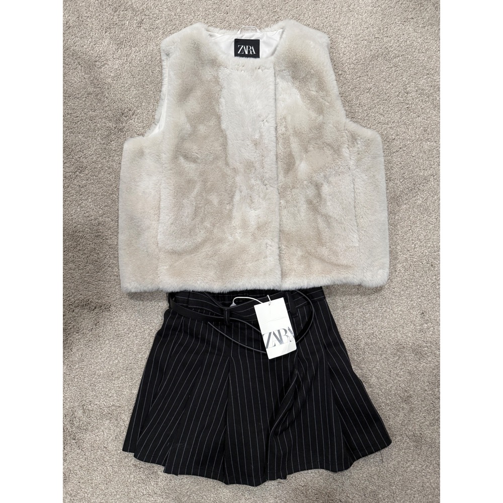 Zara Kids Girls Faux Fur Vest & Pinstripe Belted Shorts Set Size 10